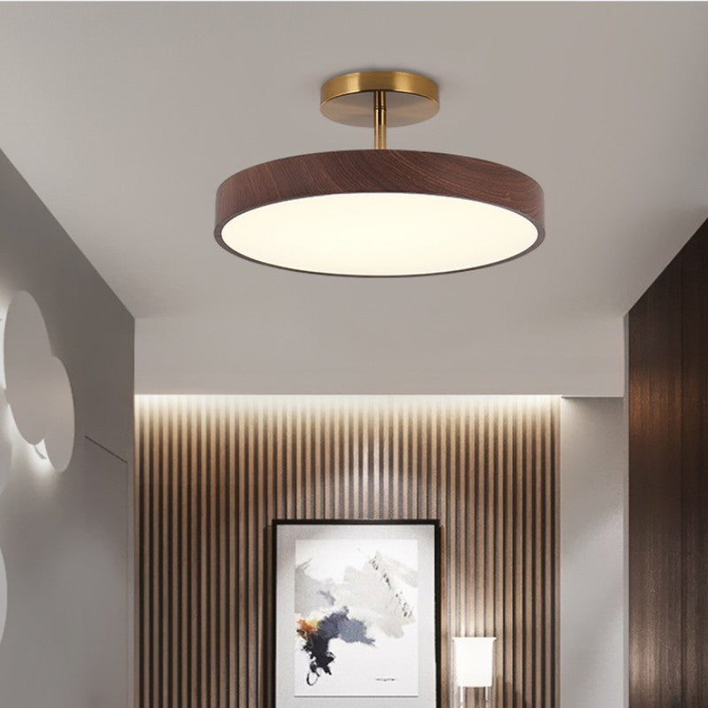Japanese Style Wood Semi Flush Mount Ceiling Light with Brass Canopy