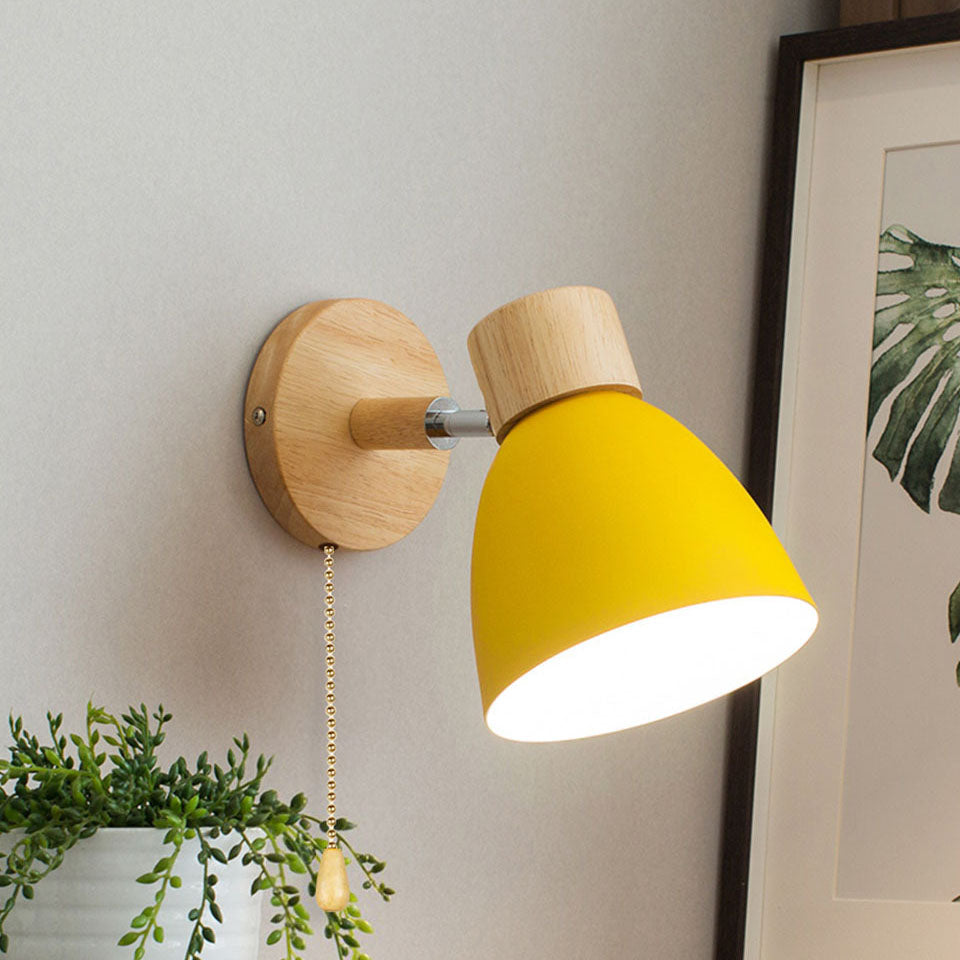 Modern Wooden Cone Shade Wall Sconce with Pull Chain