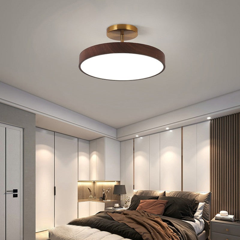Japanese Style Wood Semi Flush Mount Ceiling Light with Brass Canopy