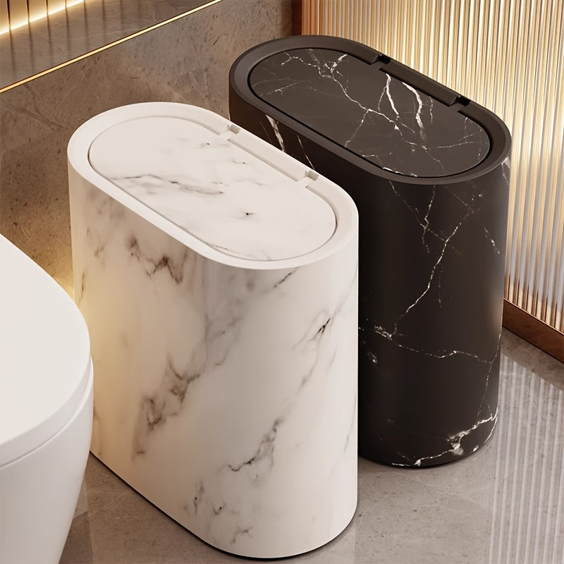 Marble Pattern Trash Can Slim Oval Bathroom Garbage Can with Lid Plastic Waste Bin for Kitchen Bedroom and Office Narrow Spaces