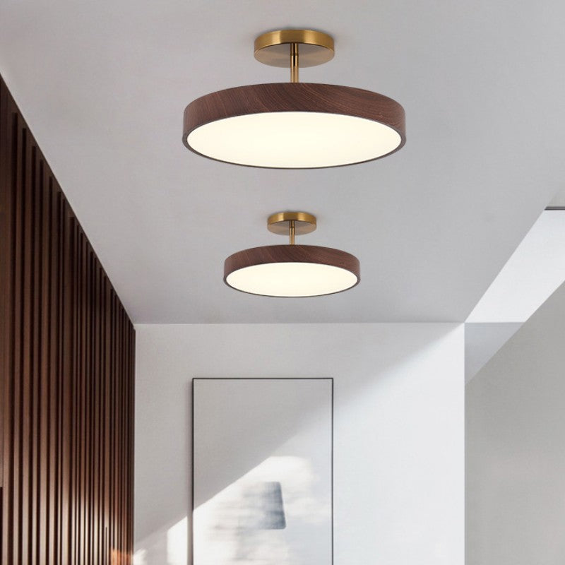 Japanese Style Wood Semi Flush Mount Ceiling Light with Brass Canopy