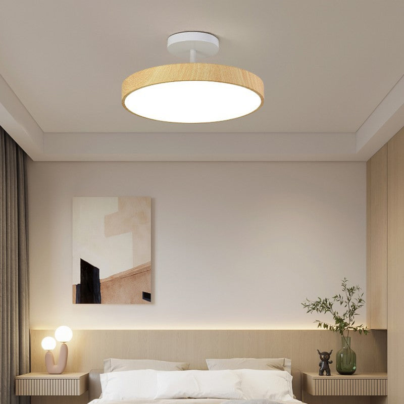 Japanese Style Wood Semi Flush Mount Ceiling Light with Brass Canopy