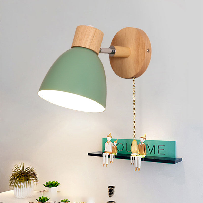 Modern Wooden Cone Shade Wall Sconce with Pull Chain