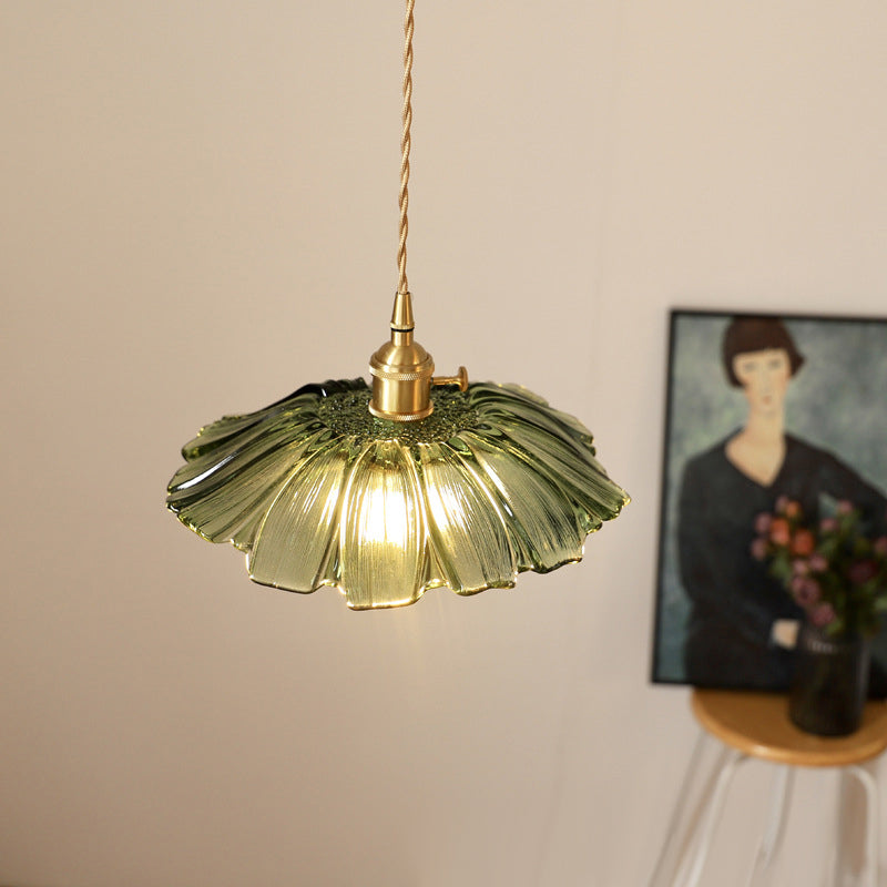 Retro Glass Flower Pendant Light with Brass Finish