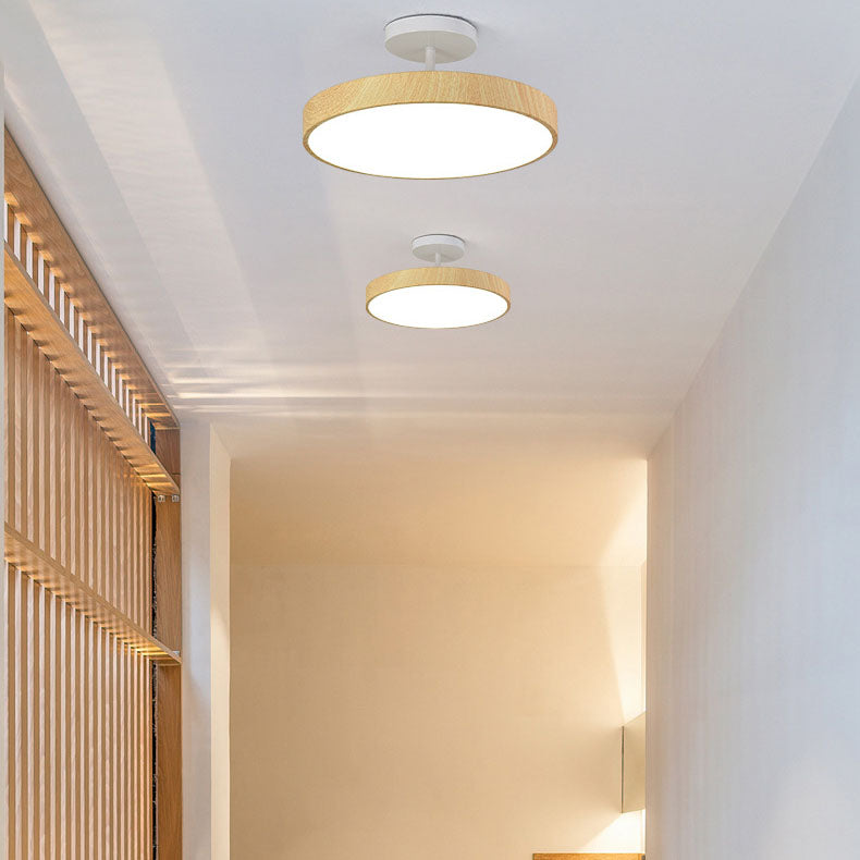Japanese Style Wood Semi Flush Mount Ceiling Light with Brass Canopy