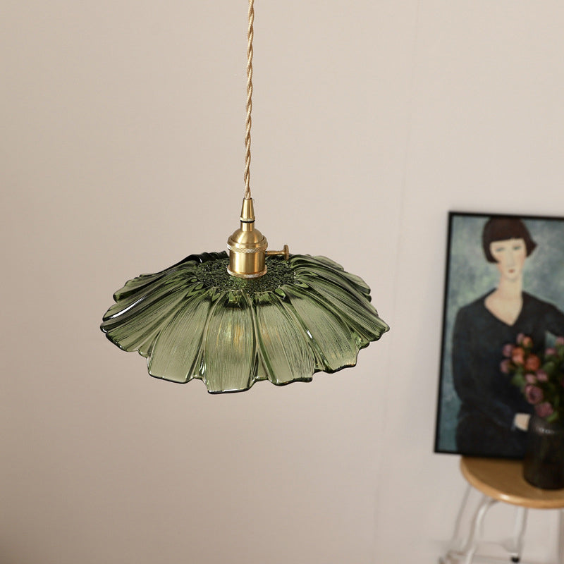 Retro Glass Flower Pendant Light with Brass Finish
