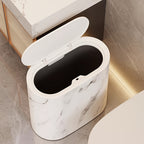 Marble Pattern Trash Can Slim Oval Bathroom Garbage Can with Lid Plastic Waste Bin for Kitchen Bedroom and Office Narrow Spaces
