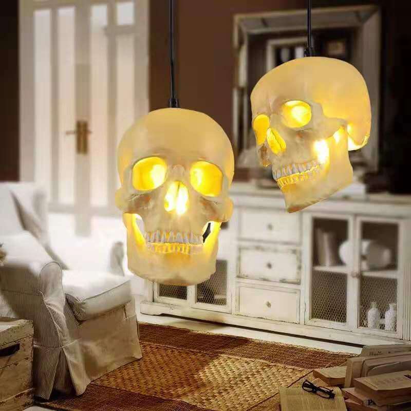 Halloween Skull Pendant Light Resin Skull Shade Iron Hanging Ceiling Lamp Gothic Decorative Light Fixture for Living Room Dining Room and Bar