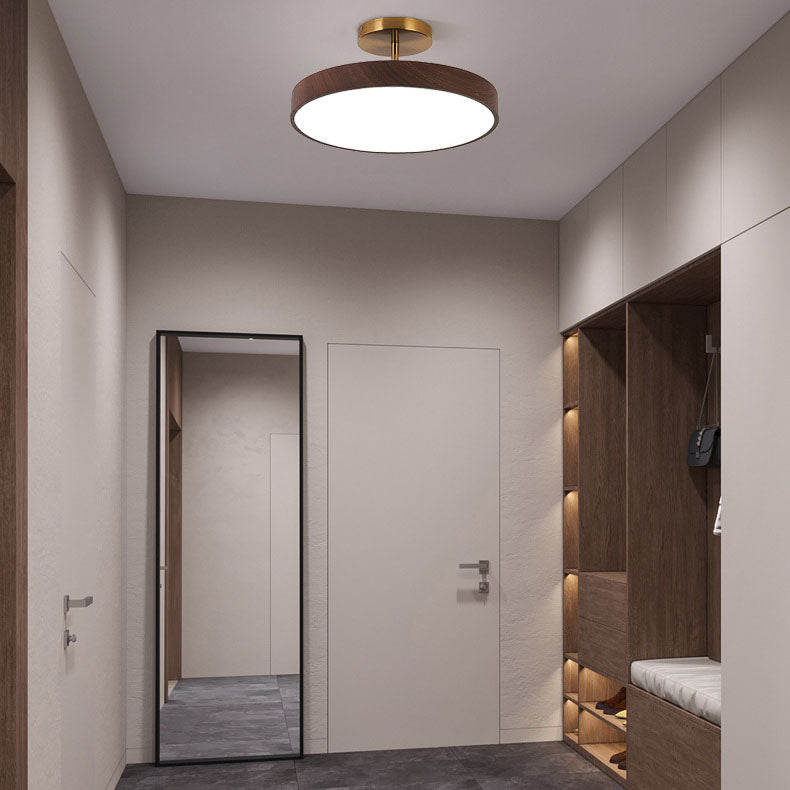Japanese Style Wood Semi Flush Mount Ceiling Light with Brass Canopy