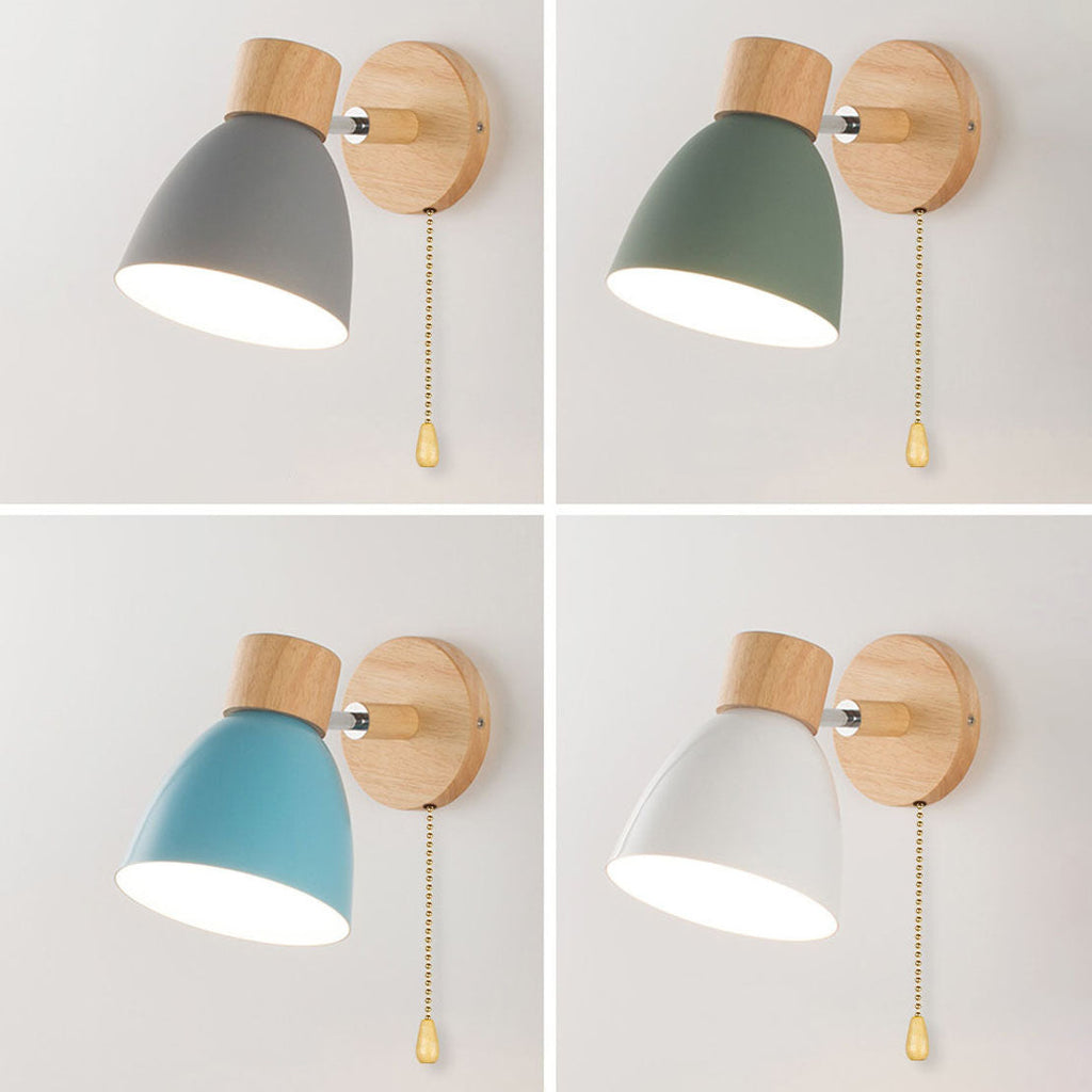 Modern Wooden Cone Shade Wall Sconce with Pull Chain