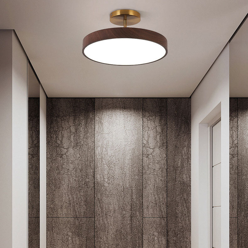 Japanese Style Wood Semi Flush Mount Ceiling Light with Brass Canopy
