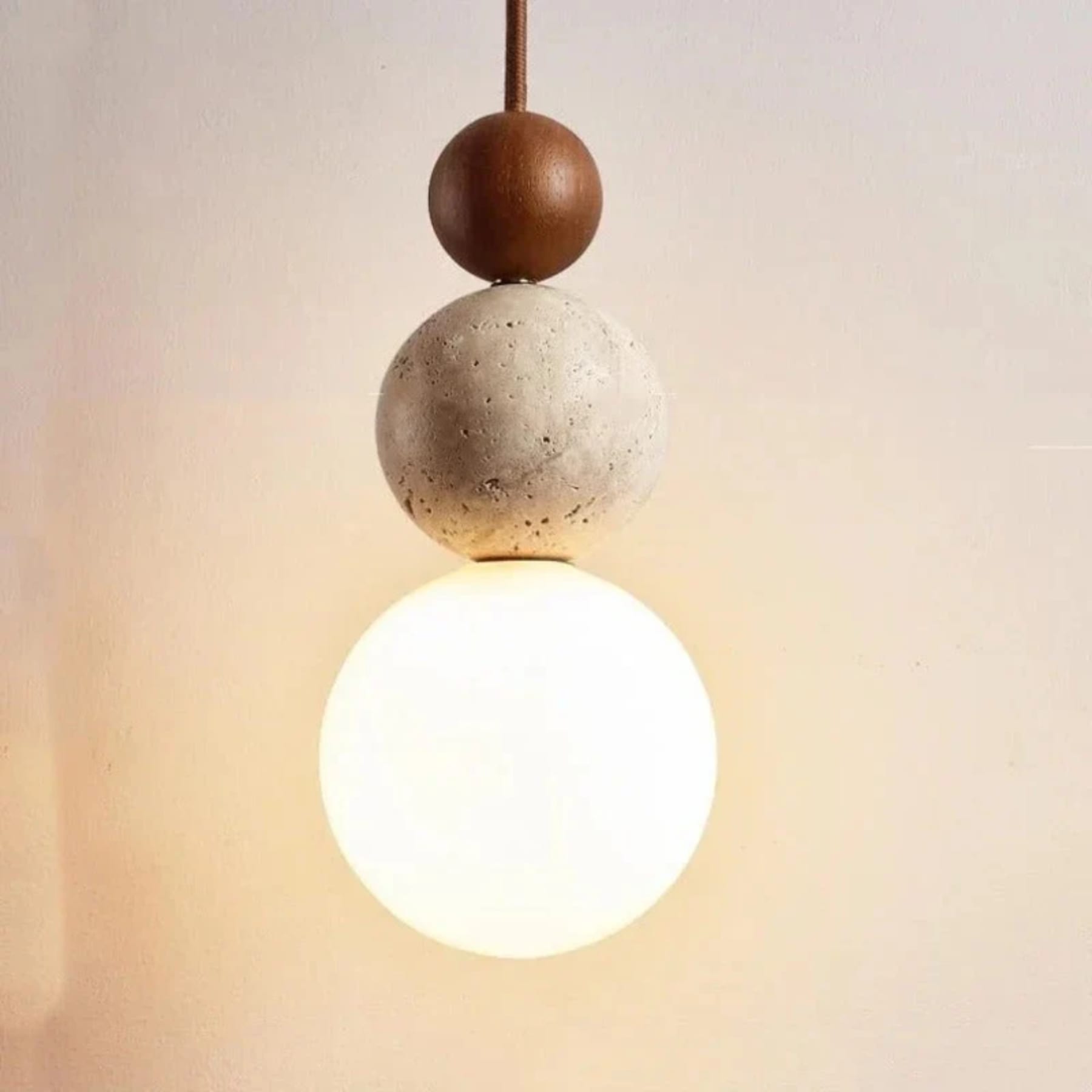 Modern Travertine and Wood Pendant Light for Dining Room in Cream White Walnut — Harbor Light Co.