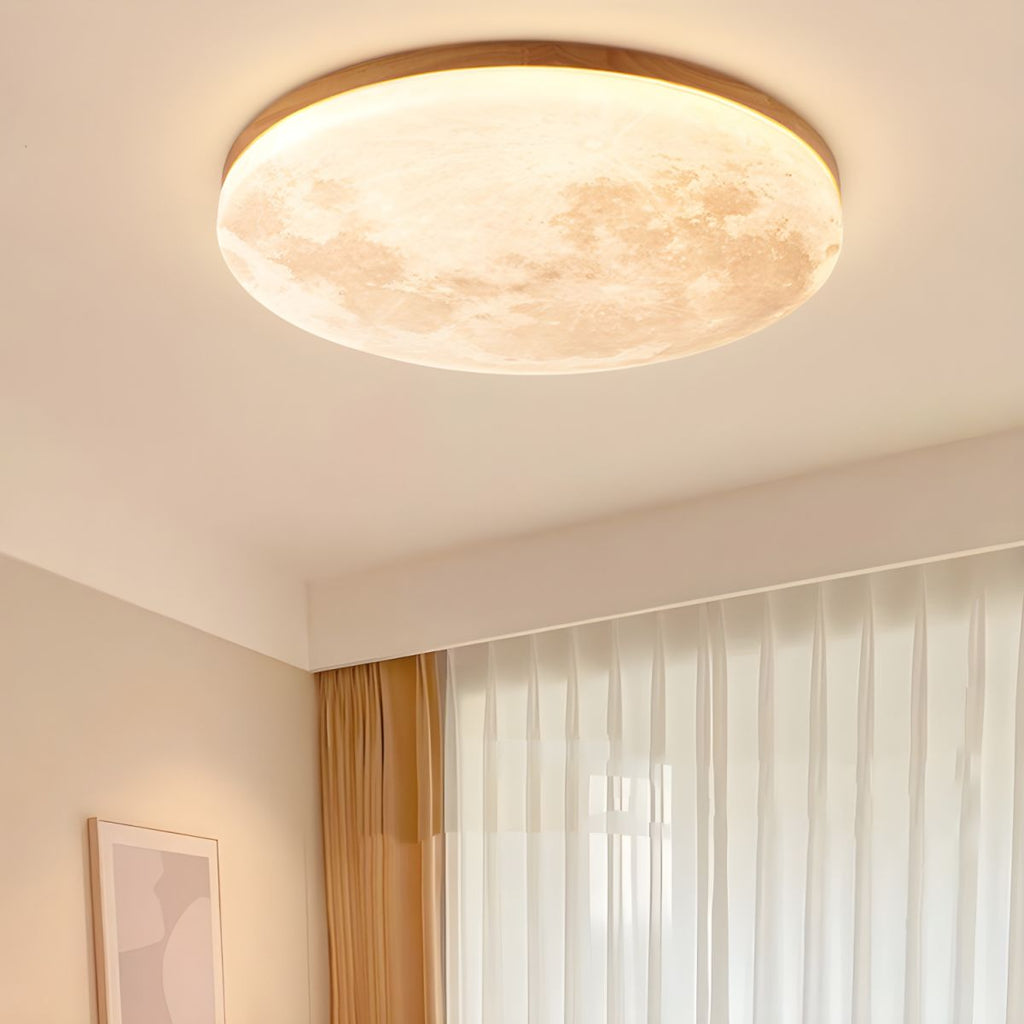 Moon Texture Flush Mount Ceiling Light with Wood Trim