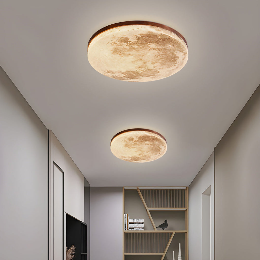 Moon Texture Flush Mount Ceiling Light with Wood Trim