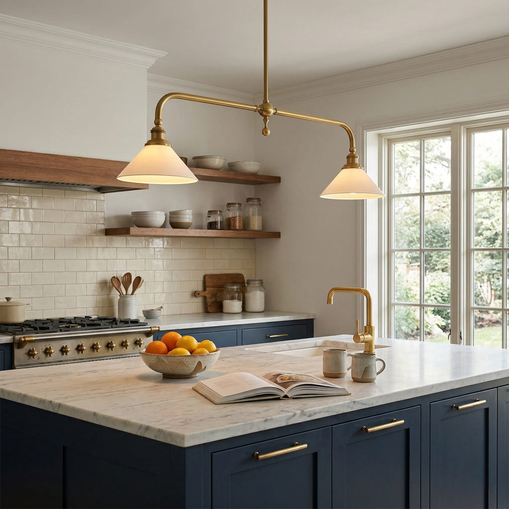 Modern Brass Pendant Light With Ceramic Shades for Dining Room — Harbor Light Co.
