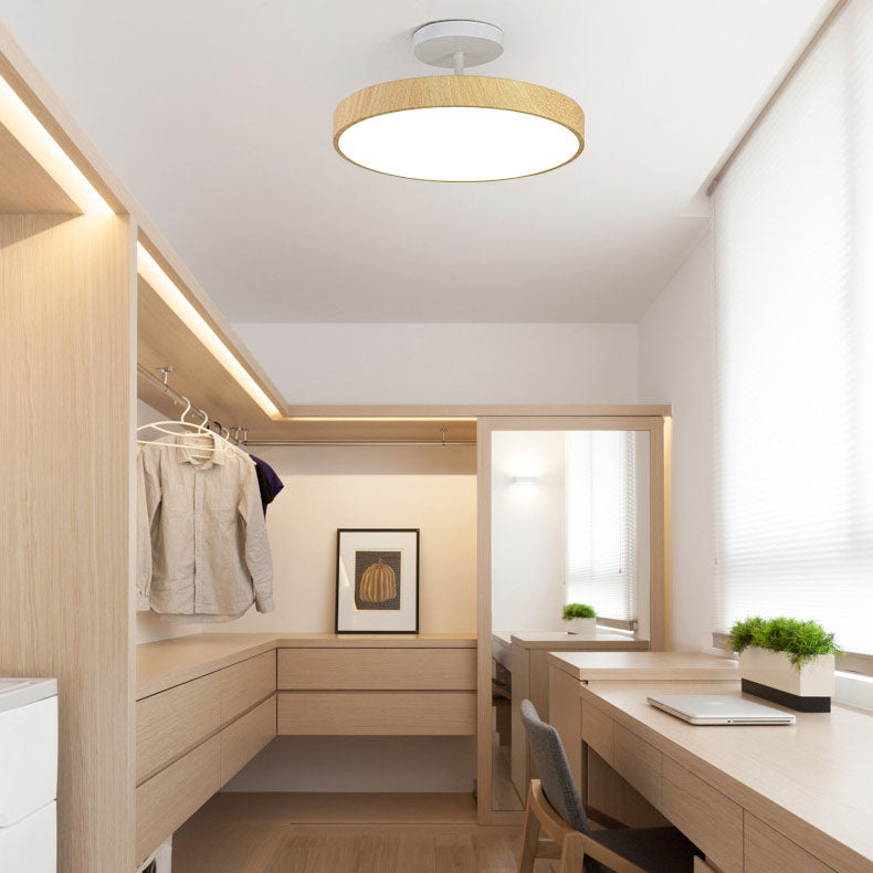 Japanese Style Wood Semi Flush Mount Ceiling Light with Brass Canopy
