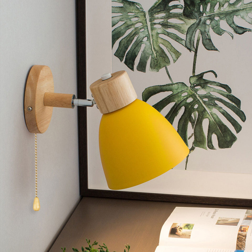 Modern Wooden Cone Shade Wall Sconce with Pull Chain