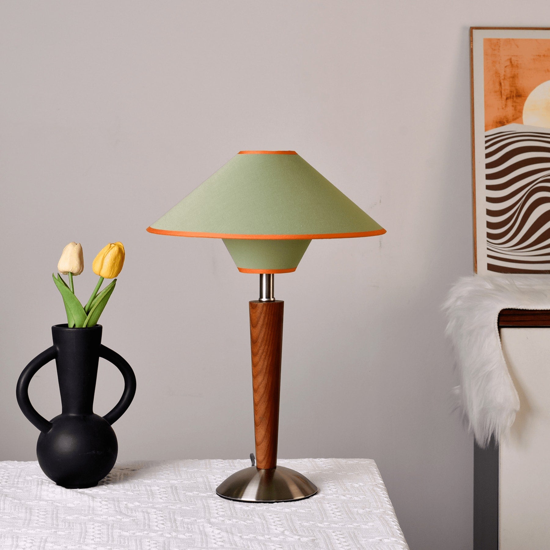 Retro Wood Table Lamp With Fabric Shade for Living Room in Green & Walnut — Harbor Light Co.