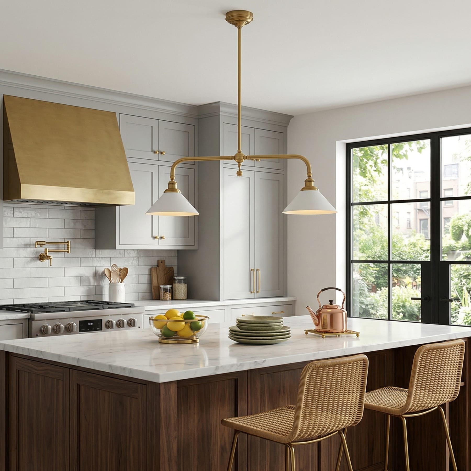 Modern Brass Pendant Light With Ceramic Shades for Dining Room — Harbor Light Co.