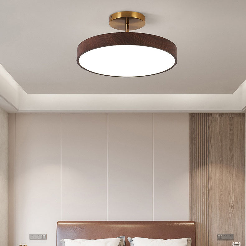 Japanese Style Wood Semi Flush Mount Ceiling Light with Brass Canopy