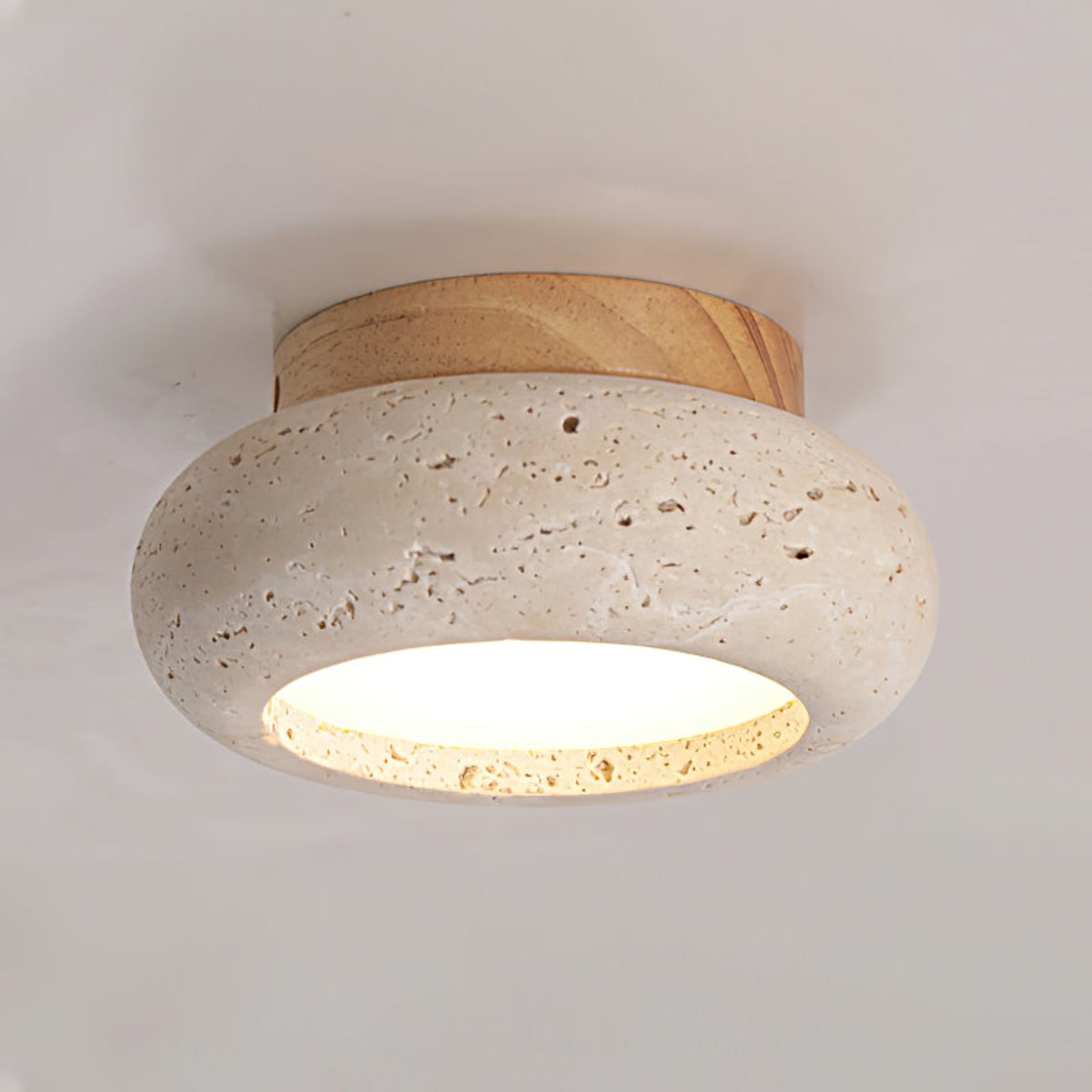Modern Travertine Flush Mount Ceiling Light in Wood & Beige — Harbor Light Co.
