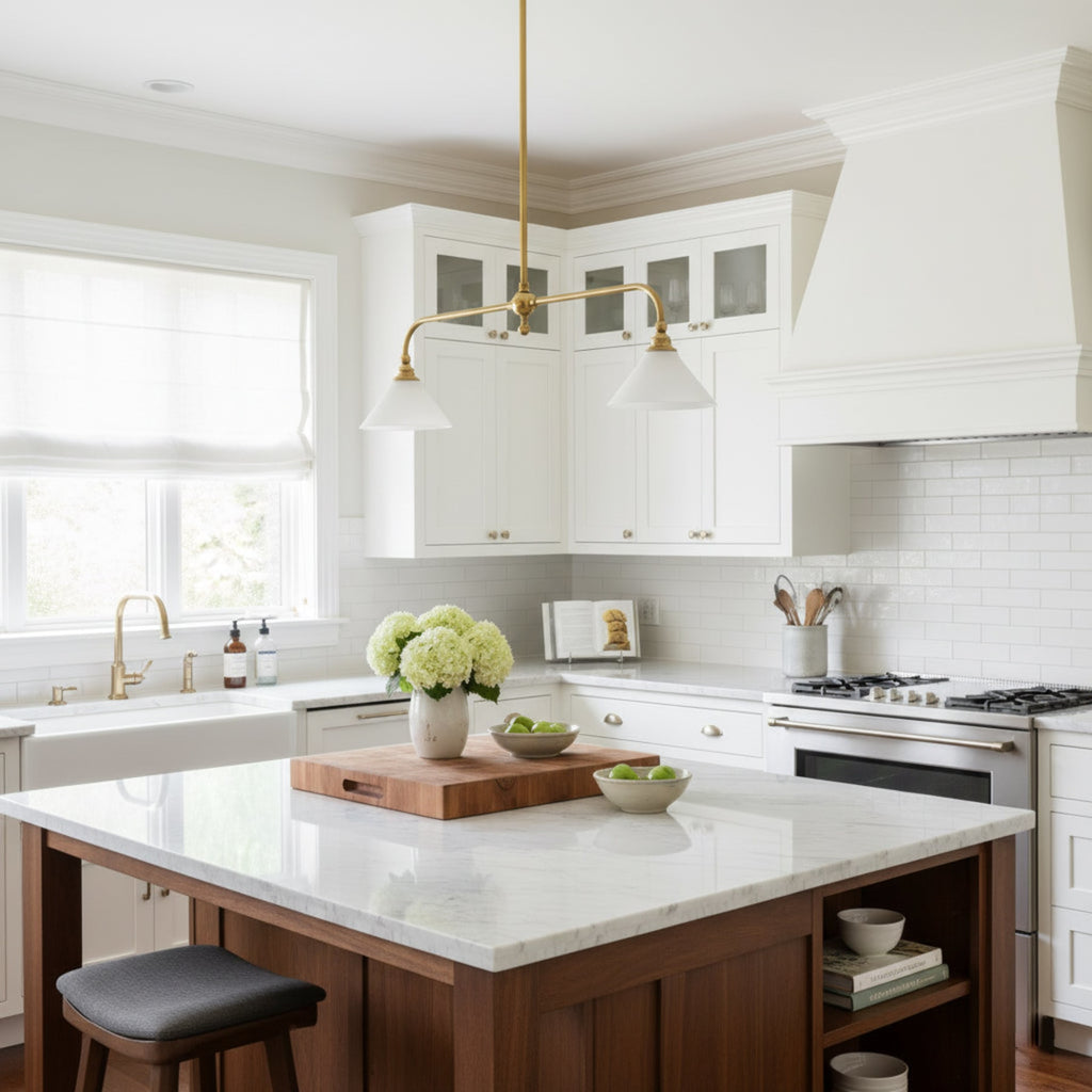 Modern Brass Pendant Light With Ceramic Shades for Dining Room — Harbor Light Co.
