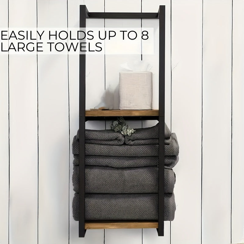 Wall Mounted Towel Rack Two Tier Stainless Steel and Wood Towel Shelf Space Saving Bathroom Storage Organizer