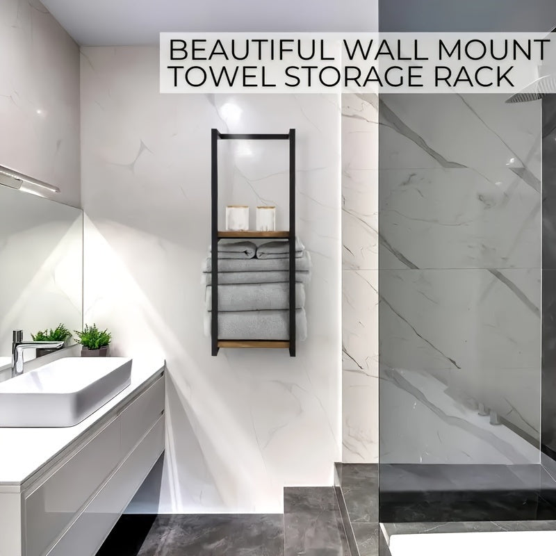 Wall Mounted Towel Rack Two Tier Stainless Steel and Wood Towel Shelf Space Saving Bathroom Storage Organizer