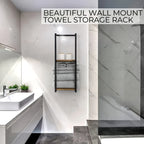 Wall Mounted Towel Rack Two Tier Stainless Steel and Wood Towel Shelf Space Saving Bathroom Storage Organizer