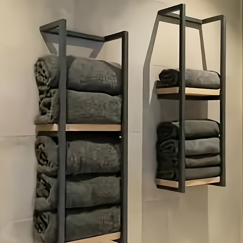 Wall Mounted Towel Rack Two Tier Stainless Steel and Wood Towel Shelf Space Saving Bathroom Storage Organizer