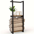 Wall Mounted Towel Rack Two Tier Stainless Steel and Wood Towel Shelf Space Saving Bathroom Storage Organizer