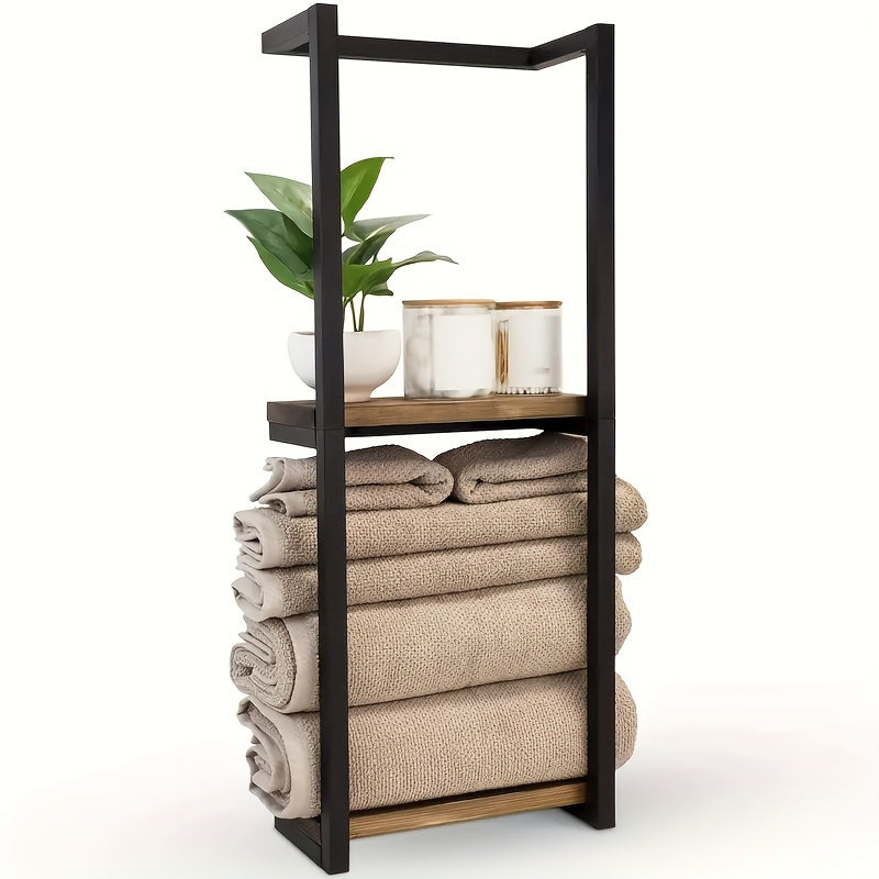 Wall Mounted Towel Rack Two Tier Stainless Steel and Wood Towel Shelf Space Saving Bathroom Storage Organizer