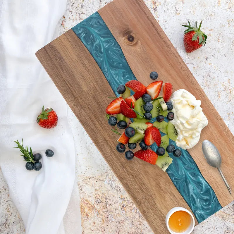 Acacia Wood Cutting Board with Blue Resin River Rectangular Charcuterie and Cheese Serving Board for Kitchen and Entertaining