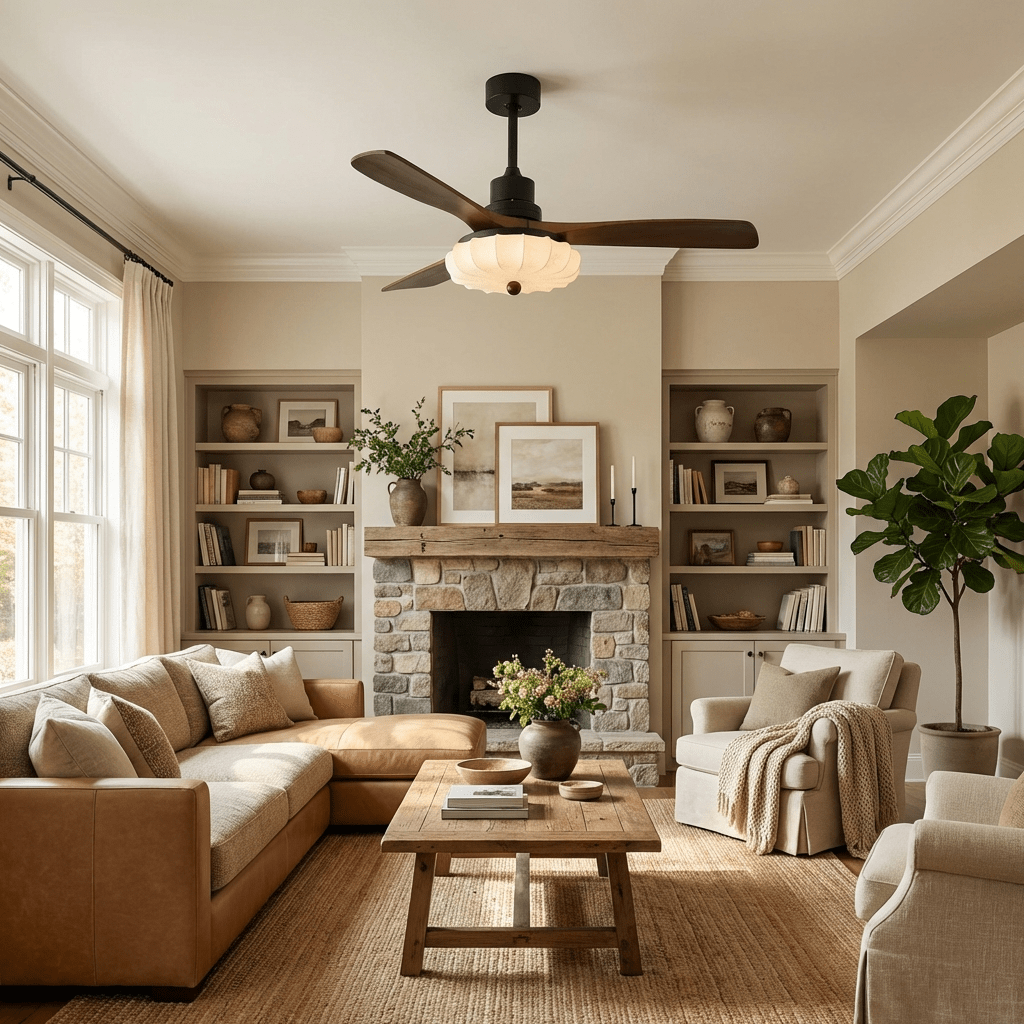 Lotus Shade Ceiling Fan in Walnut and Black with LED Light