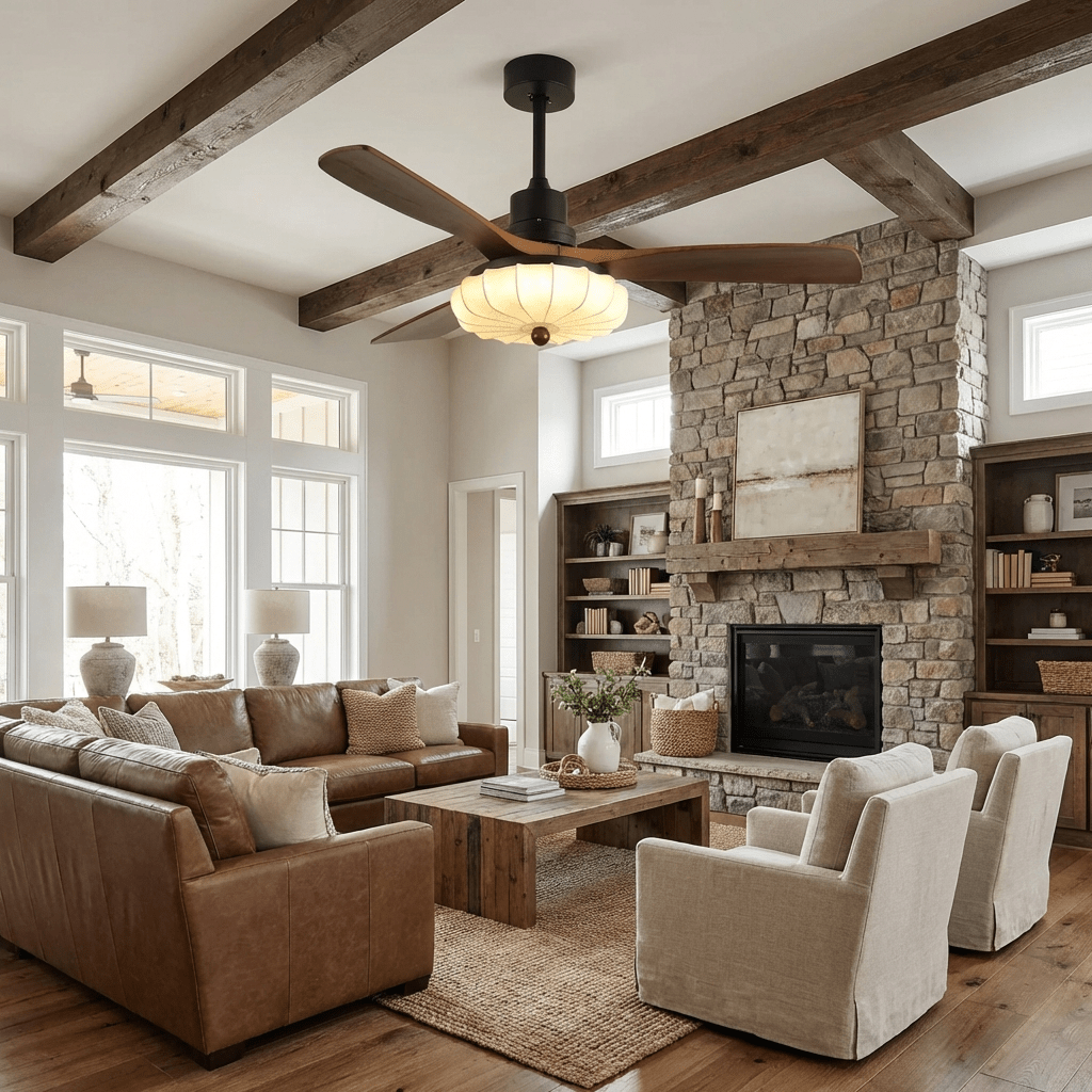 Lotus Shade Ceiling Fan in Walnut and Black with LED Light