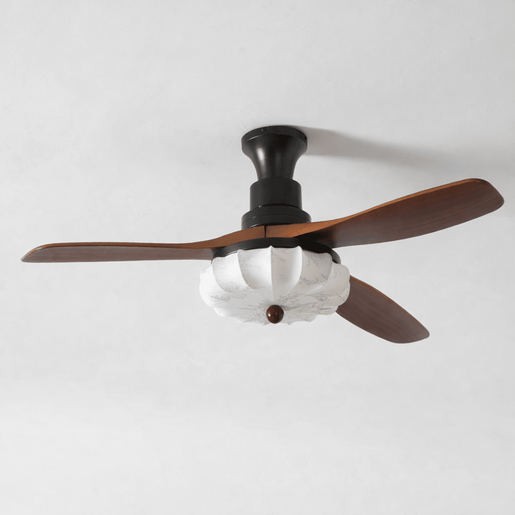 Lotus Shade Ceiling Fan in Walnut and Black with LED Light