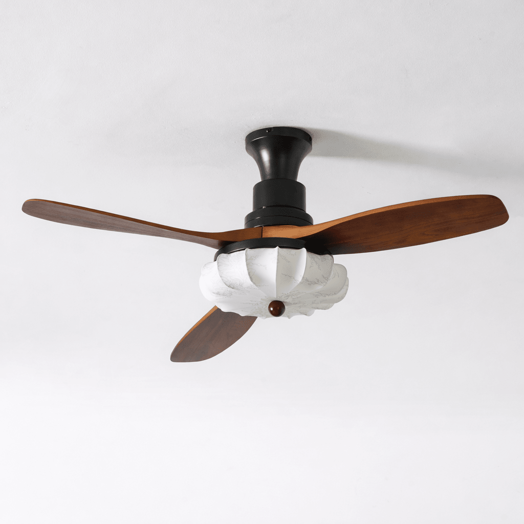 Lotus Shade Ceiling Fan in Walnut and Black with LED Light
