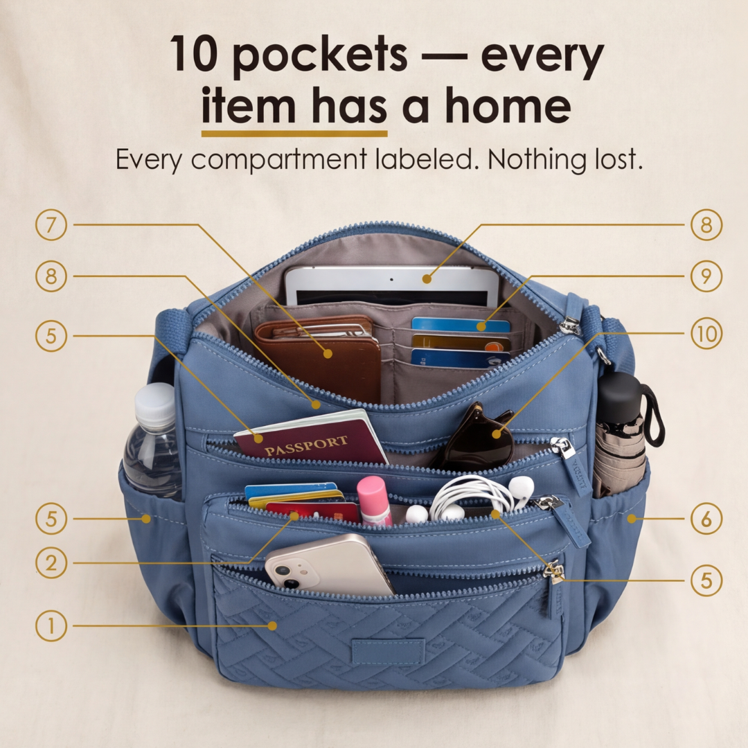 Lightweight Quilted Nylon Crossbody Bag with Multiple Zippered Pockets
