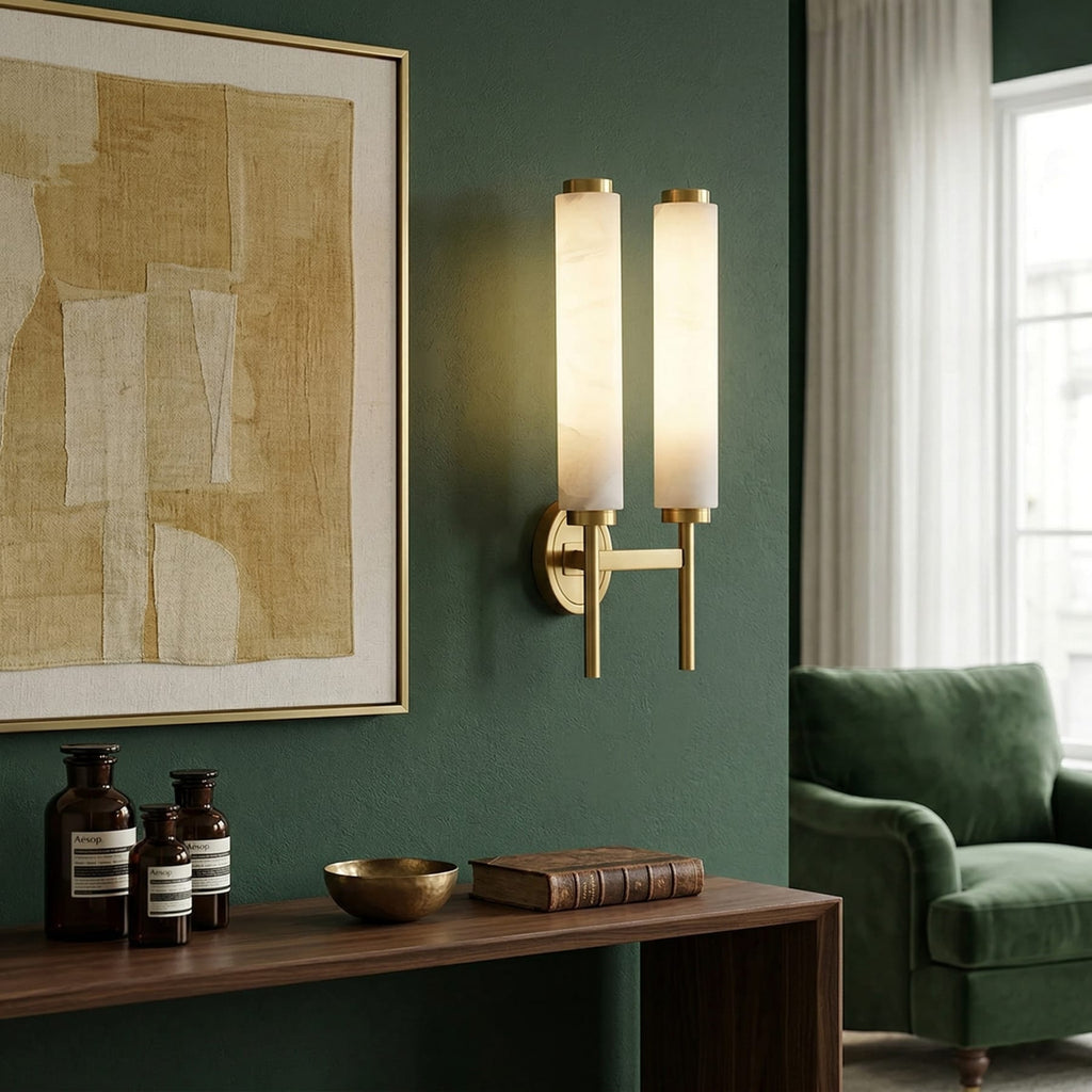 Modern Faux Alabaster Wall Light With Warm Glowing Shade — Harbor Light Co.