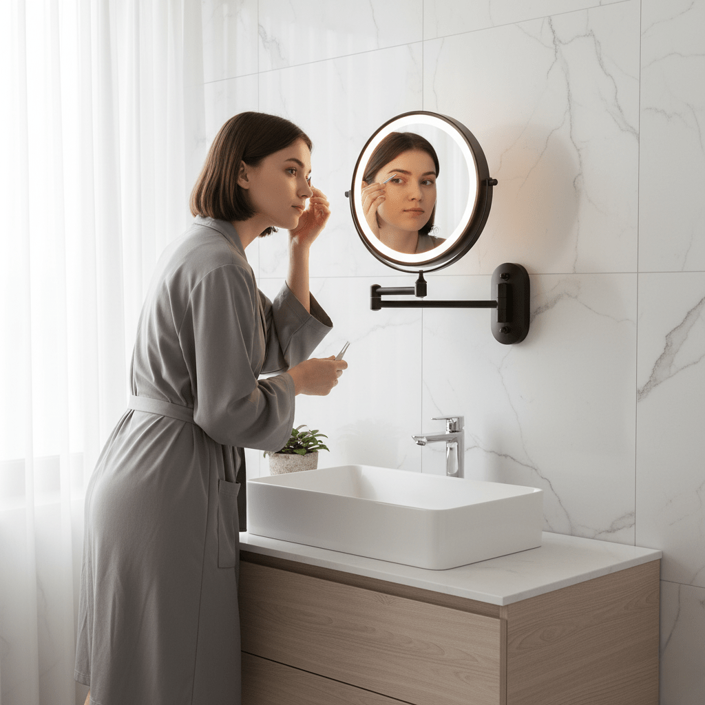LED Magnifying Makeup Mirror Wall Mounted Rechargeable with Adjustable Brightness and Extendable Swivel Arm
