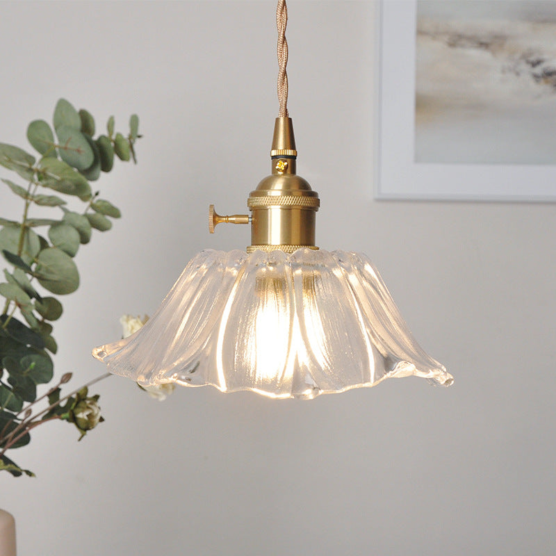 Retro Glass Flower Pendant Light with Brass Finish