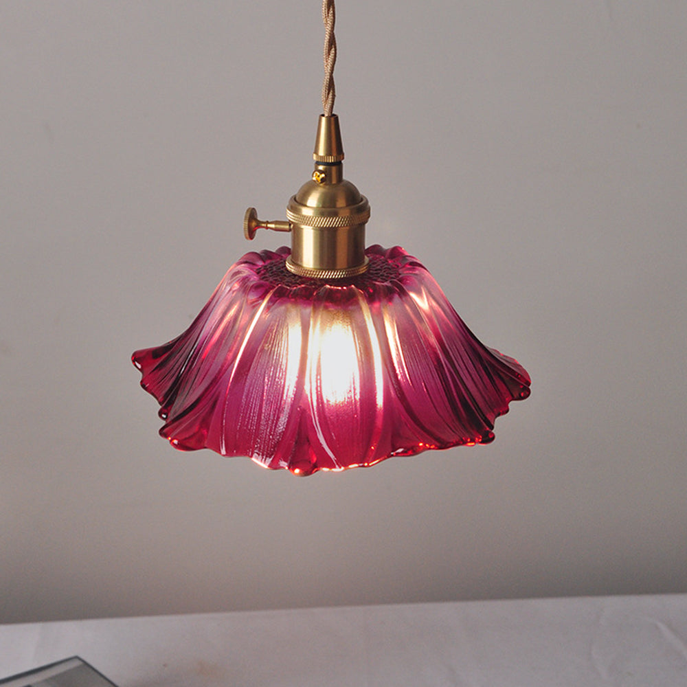Retro Glass Flower Pendant Light with Brass Finish