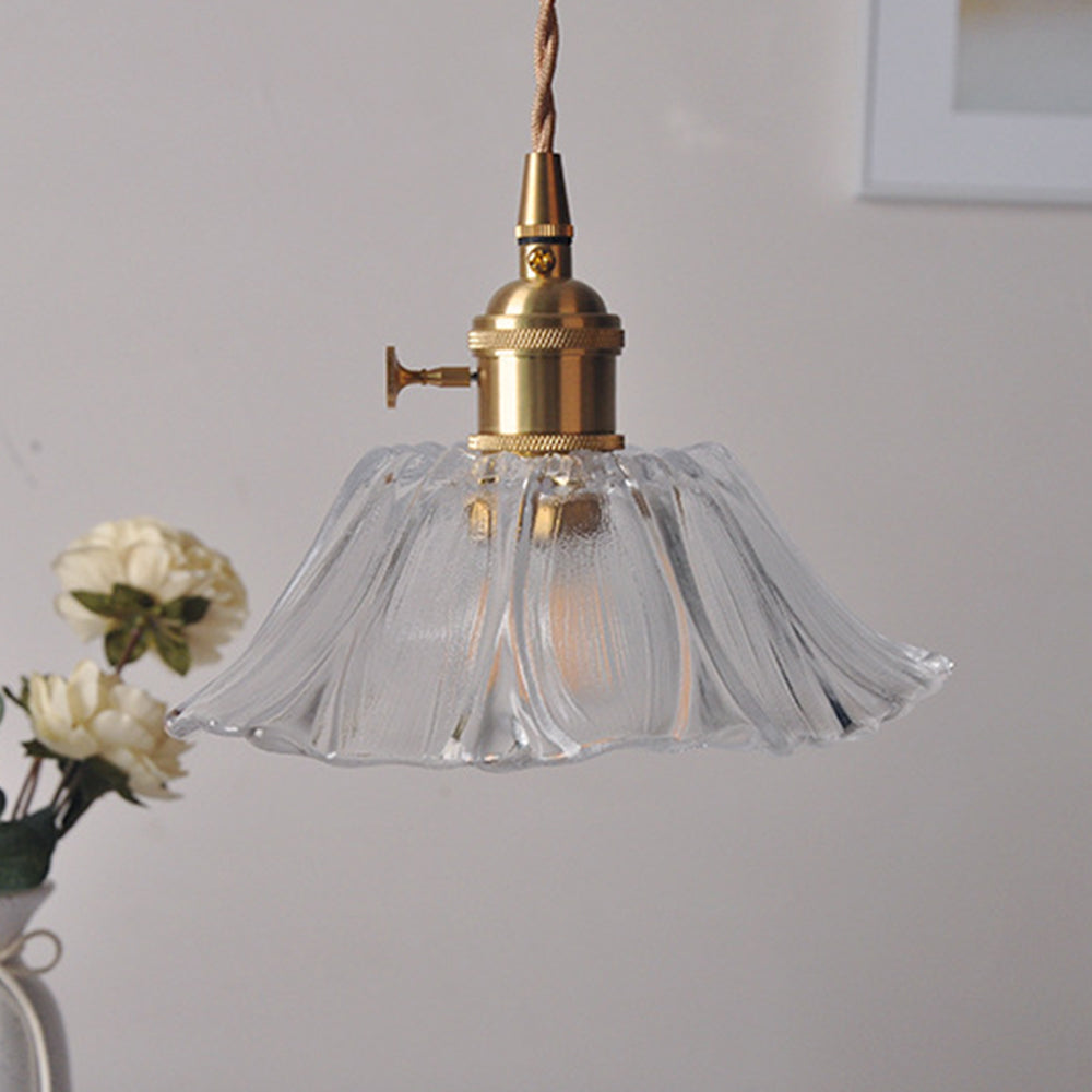 Retro Glass Flower Pendant Light with Brass Finish