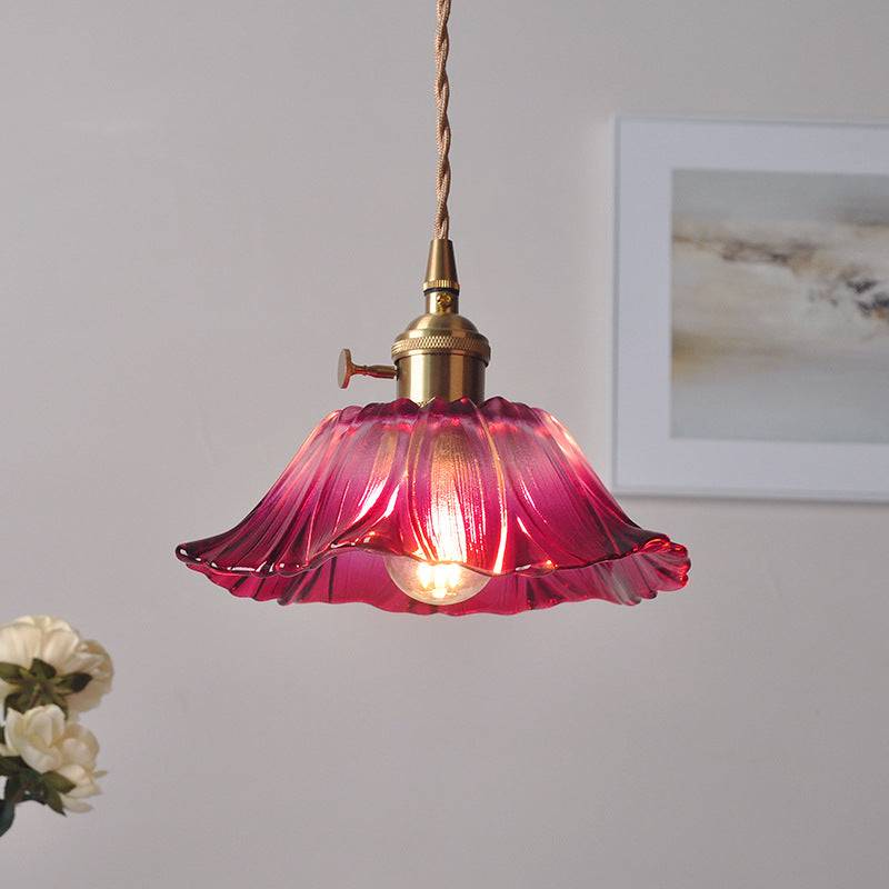 Retro Glass Flower Pendant Light with Brass Finish