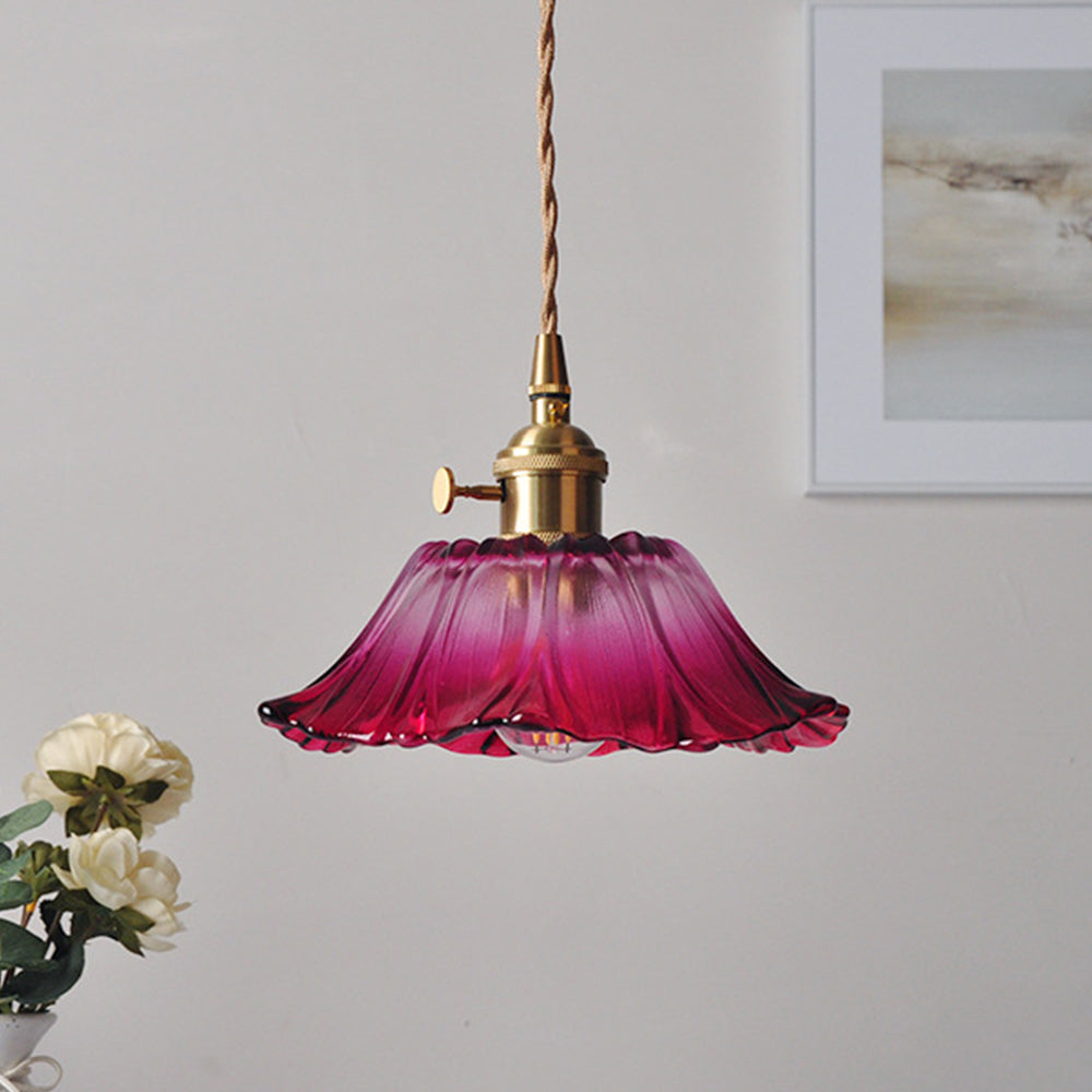 Retro Glass Flower Pendant Light with Brass Finish