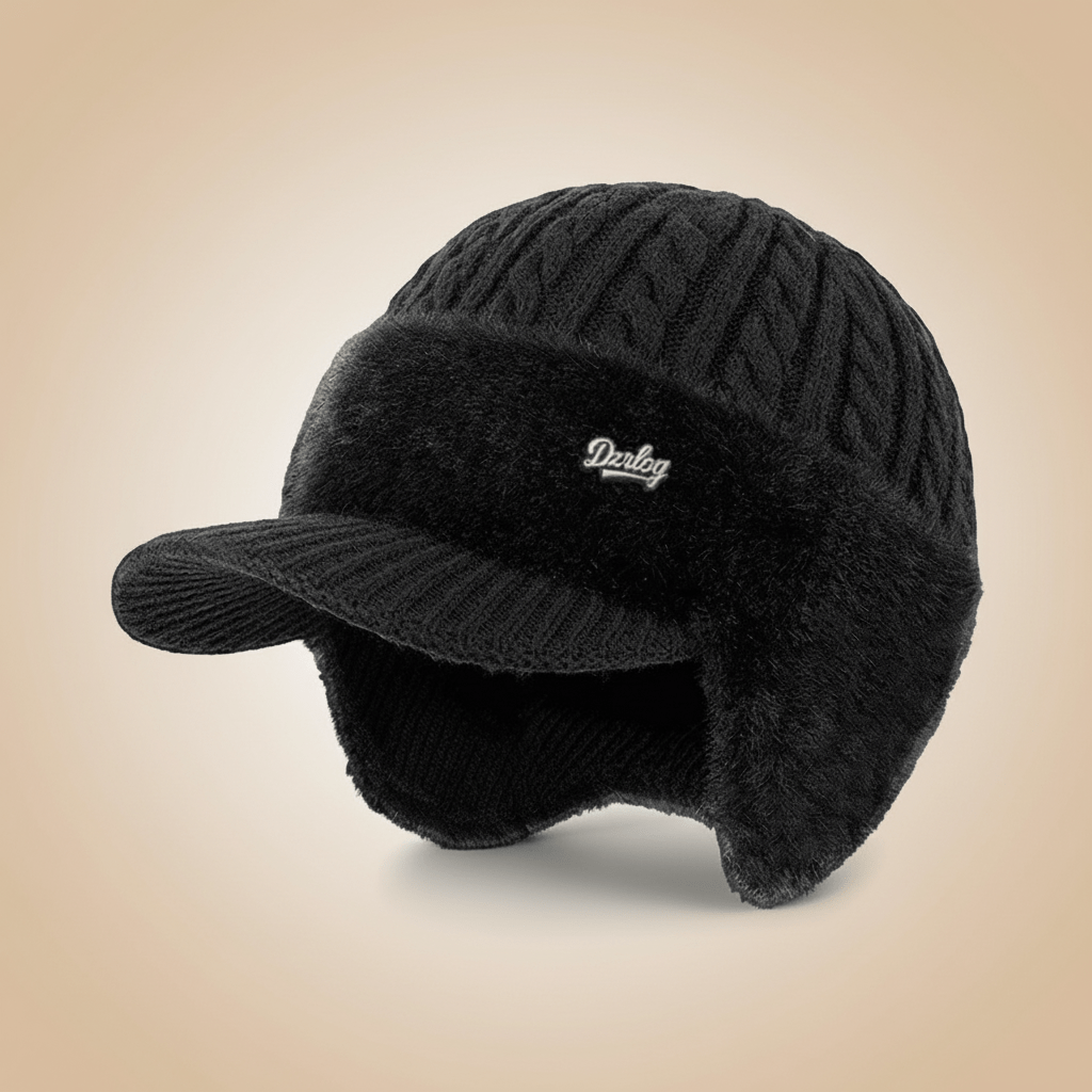 Winter Trapper Hat Knit Cap with Ear Flaps Windproof Faux Fur Lined Warm Cold Weather Hat with Visor for Men and Women