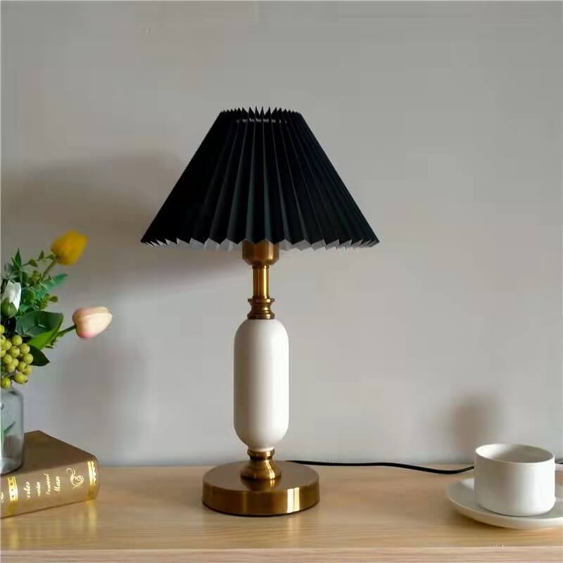 Retro Pleated Metal Table Lamp for Living Room and Bedroom in Black Pleated + White Base — Harbor Light Co.