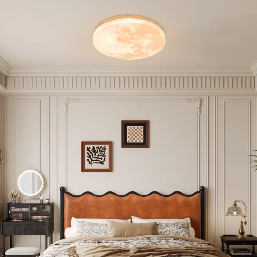 Moon Texture Flush Mount Ceiling Light with Wood Trim