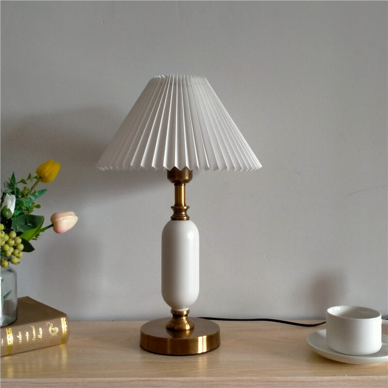 Retro Pleated Metal Table Lamp for Living Room and Bedroom in White Pleated + White Base — Harbor Light Co.