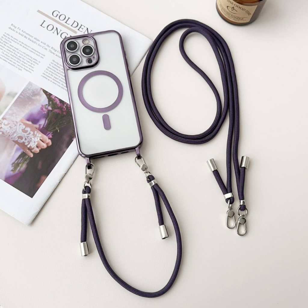 iPhone Crossbody Phone Case with Adjustable Lanyard Strap Compatible with MagSafe Clear Electroplated Cover